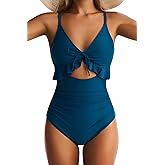 EVOCRCO Women One Piece Swimsuit Tummy Control Ruffle Bathing Suit Cutout V Neck Swim Suit Ruched Slimming Swimwear