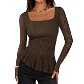 MEROKEETY Women's Long Sleeve Square Neck Tops Ruched Fall Trendy Tee Shirts Asymmetrical Going Out Top