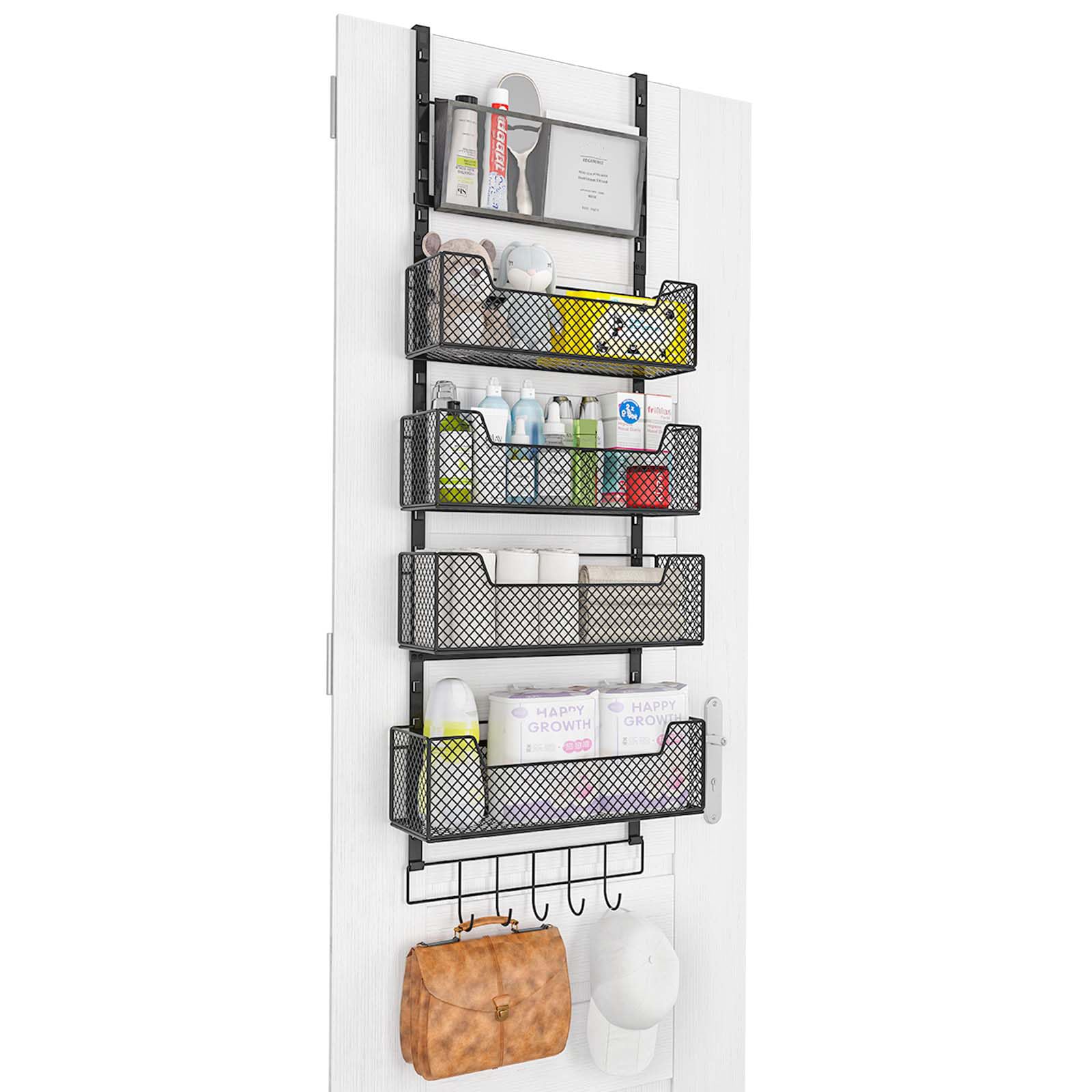 Photo 1 of Hongtamoya Adjustable Over The Door Organizer, Closet Door Organizer Heavy Duty Hanging Door Storage with 4 Metal Baskets and PVC Pocket, Behind Organizer for Bathroom Closet Bedroom Cabinet, Black