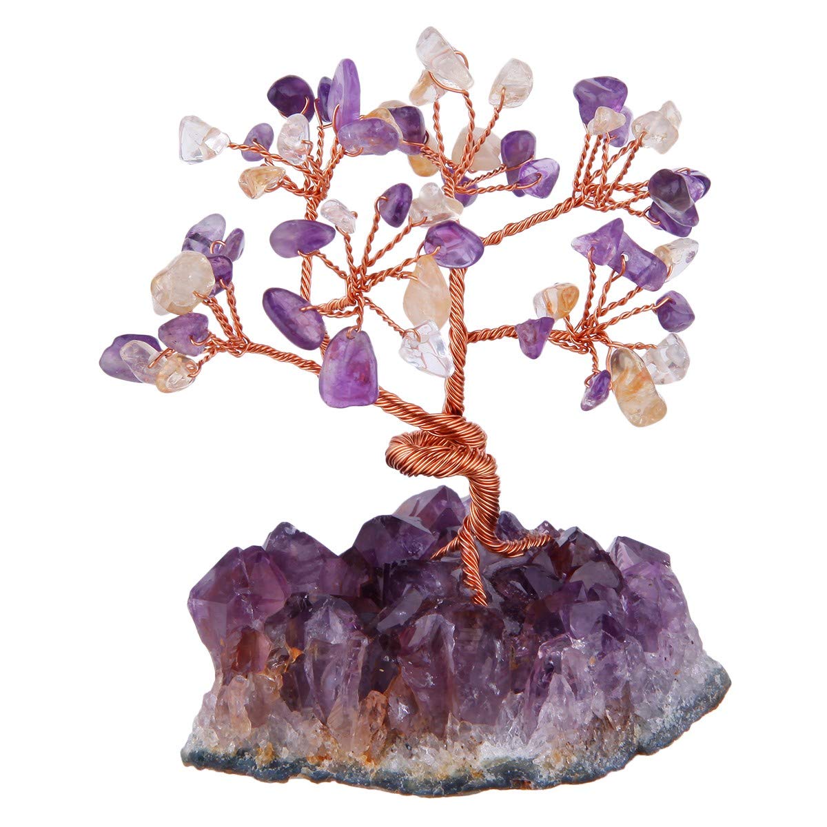 mookaitedecor Natural Amethyst Citrine Crystal Bonsai Money Tree Ornament, Healing Crystal Gift, Quartz Crystal Cluster Base Tree of Life Feng Shui Ornament for Home Office Lucky Stone Tree