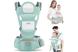 SAFOTAD Baby Carrier with Hip Seat,Ergonomic M Position 6in1 Baby Carrier Newborn to Toddler,Head Support and Breathable Mesh Newborn Carrier,Adjustable Baby Holder Carrier for Dad&Mom-Green