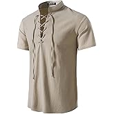 JEMITOP Men's Pure Cotton Vintage Short Sleeve Lace Up Shirts for Renaissance Pirate Viking Medieval Costume