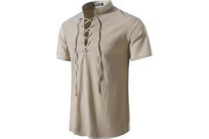 JEMITOP Men's Pure Cotton Vintage Short Sleeve Lace Up Shirts for Renaissance Pirate Viking Medieval Costume