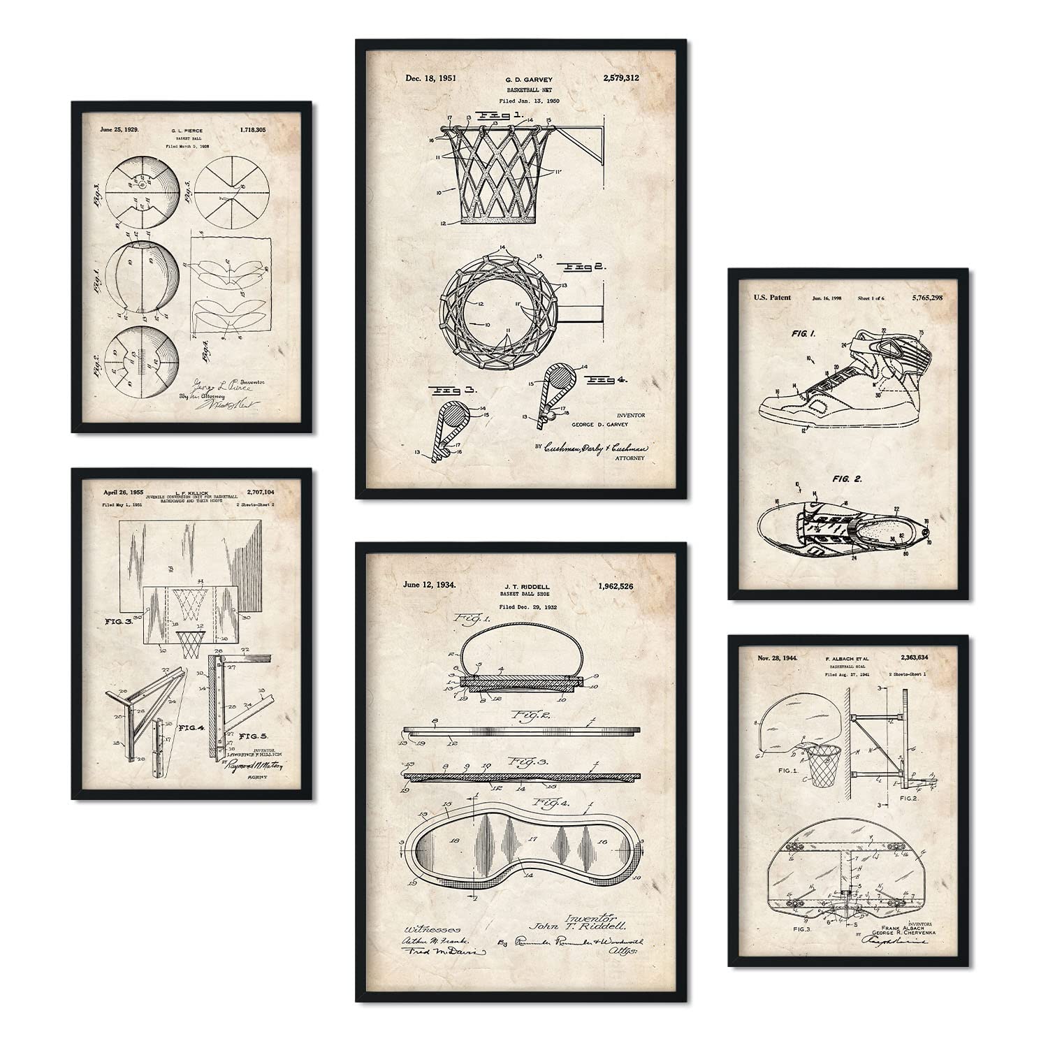 Nacnic Set of 6 Basketball patent prints. Posters with retro patent illustrations for your home, shop, office... Vintage style interior decoration. A4 and A3 sizes. No frame.