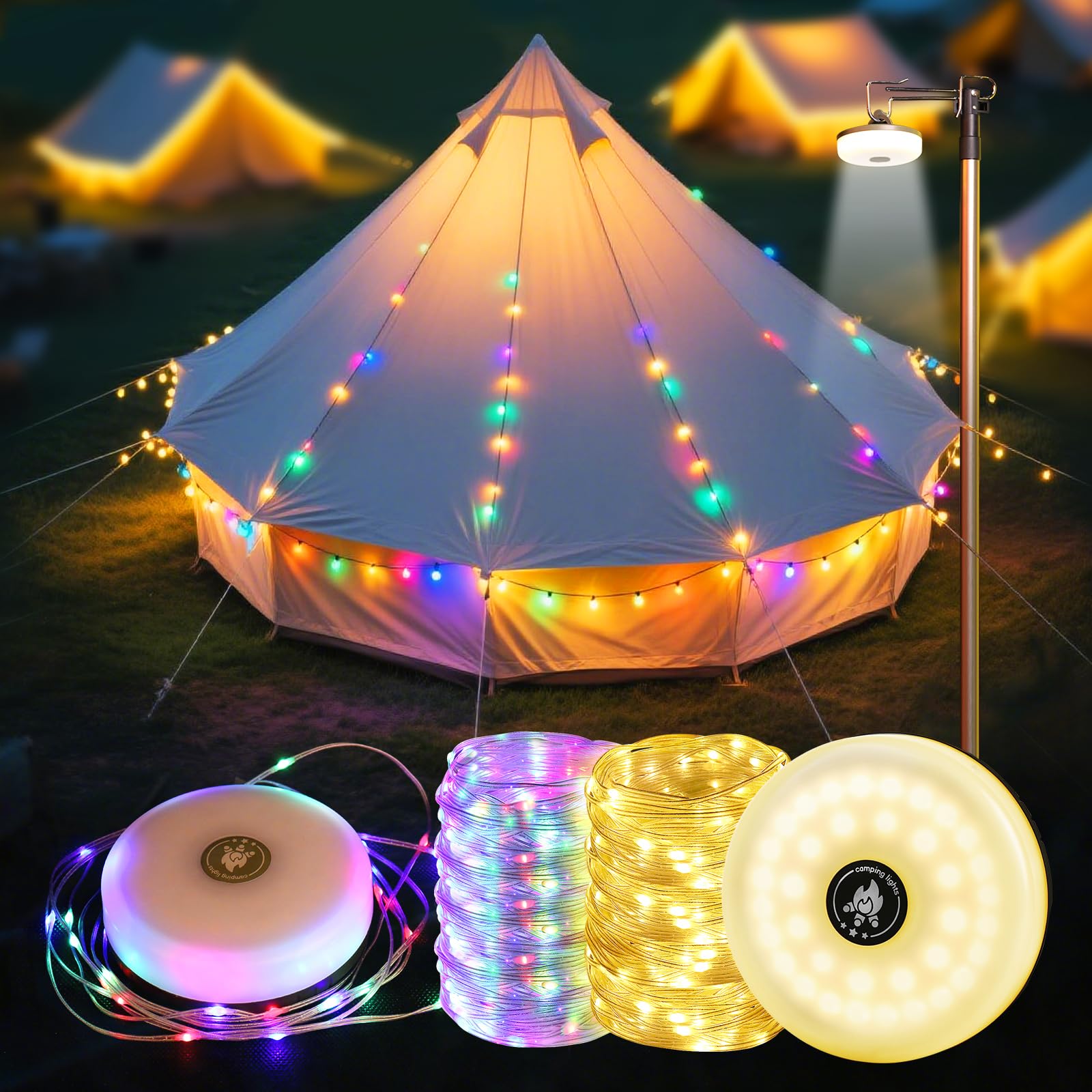 DAJILI 8 in 1 Camping String Lights, 33Ft/10M 100 LED Portable Outdoor Camping String Lights Reel with 8 Modes, 2000mAh Rechargeable Camping Fairy Lights for Tents, Backyard, Party Festival Decor