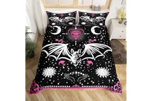 CASTLE FAIRY Bat Duvet Cover Set Queen Size Sun Moon Starry Galaxy Bedding Set Gothic Style Wild Animals Comforter Cover for Kids Boys Girls Teens Bedroom Decor Pink Floral Exotic Black White Quilt Cover 3Pcs