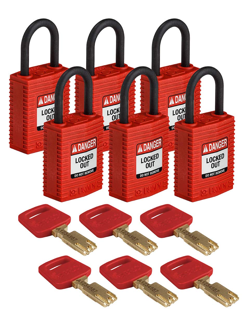 Brady SafeKey Compact Padlock, Nylon Shackle, 33mm x 67mm x 19mm, Red, Pack of 6 — image 1