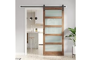 FREDBECK 36 x 84 inch Glass Barn Door with 6.6FT Barn Door Hardware Kit & Handle Included,5-Panel Frosted Glass, Water-Proof Surface,Pre-Drilled Holes,Need Assembly