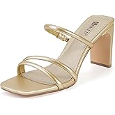 IDIFU IN3 High Heels Strappy Chunky Block Heels Square Toe Three Strap Slip On Heels Comfortable Slides Heeled Sandals Sexy Wedding Party Dress Shoes Open Toe Mules Heels for Women