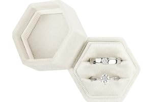 DesignSter Velvet Ring Box - Hexagon Premium Gorgeous Vintage Double Ring Display Holder with Detachable Lid for Proposal, En