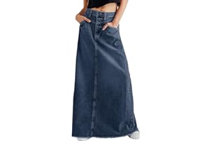 CHARTOU Women Vintage Denim Maxi Skirt Frayed Raw Hem High Waist A-Line Long Jean Skirt