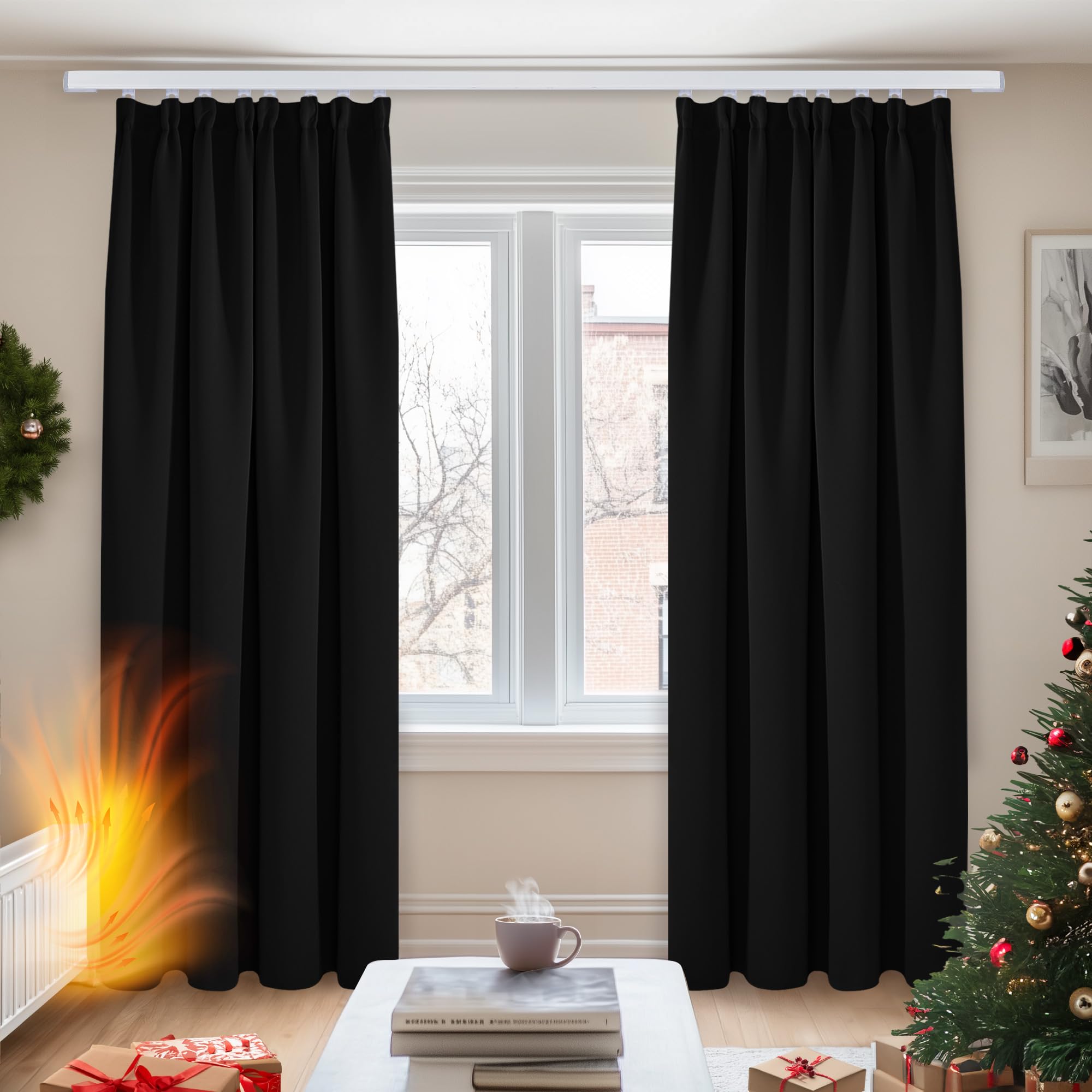 Deconovo Pencil Pleat Curtains Energy Saving Noise Reducing Thermal Insulated Blackout Curtains for Bedroom W55 x L79 Inch 2 Panels Black