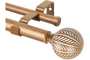 KAMANINA 1 Inch Wood Double Curtain Rods for Windows 72 to 144 Inches (6-12 Feet), Heavy Duty Decorative Drapery Rods 66 to 120 inch, Wood Grain Leaf Pattern Finials