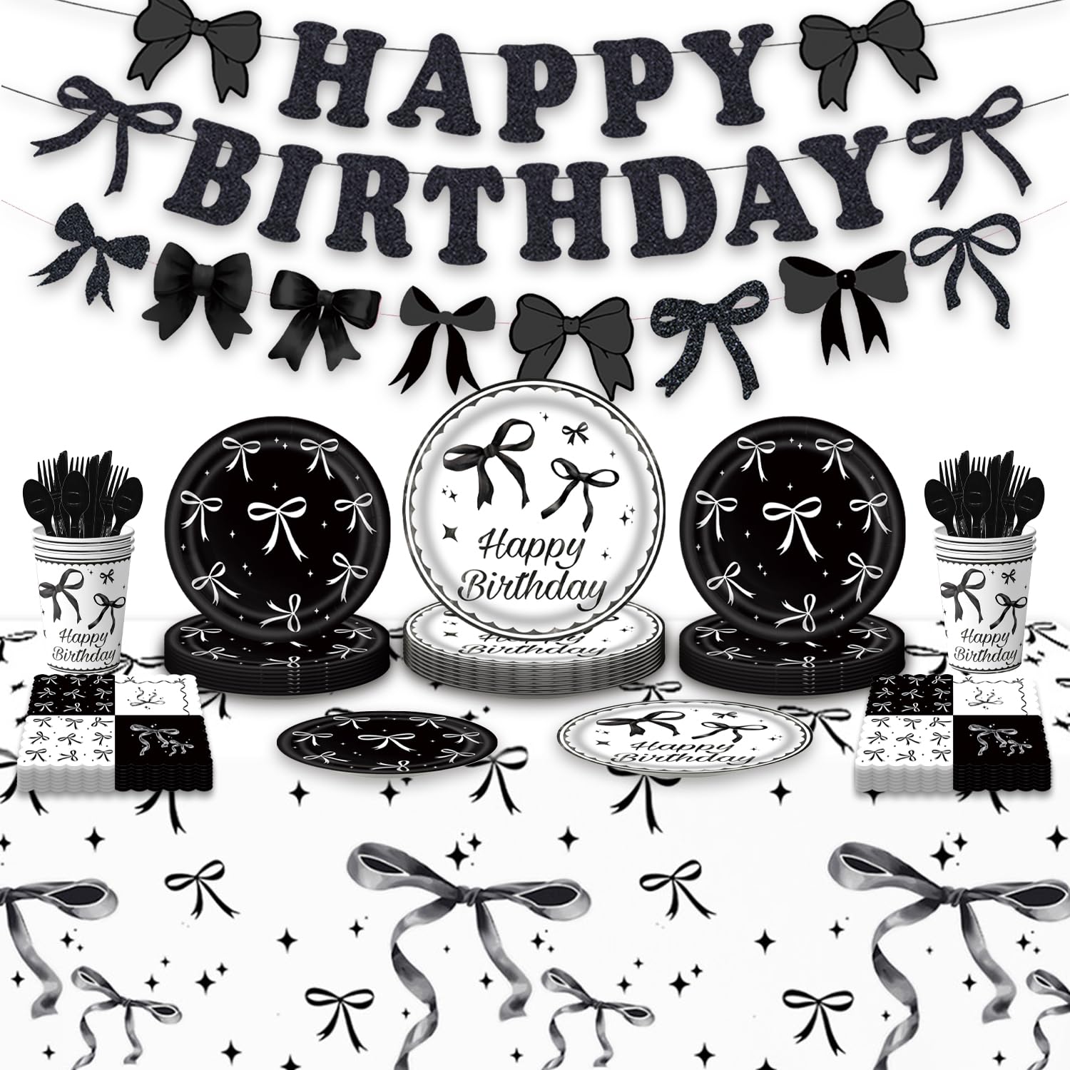 Photo 1 of 171Pcs Black White Bow Birthday Party Decorations for 24 Guests - Bow Party Supplies Banner Plates and Napkins Forks Cups Cutlery Tablecloch for Bride Baby Shower Birthday Decorations