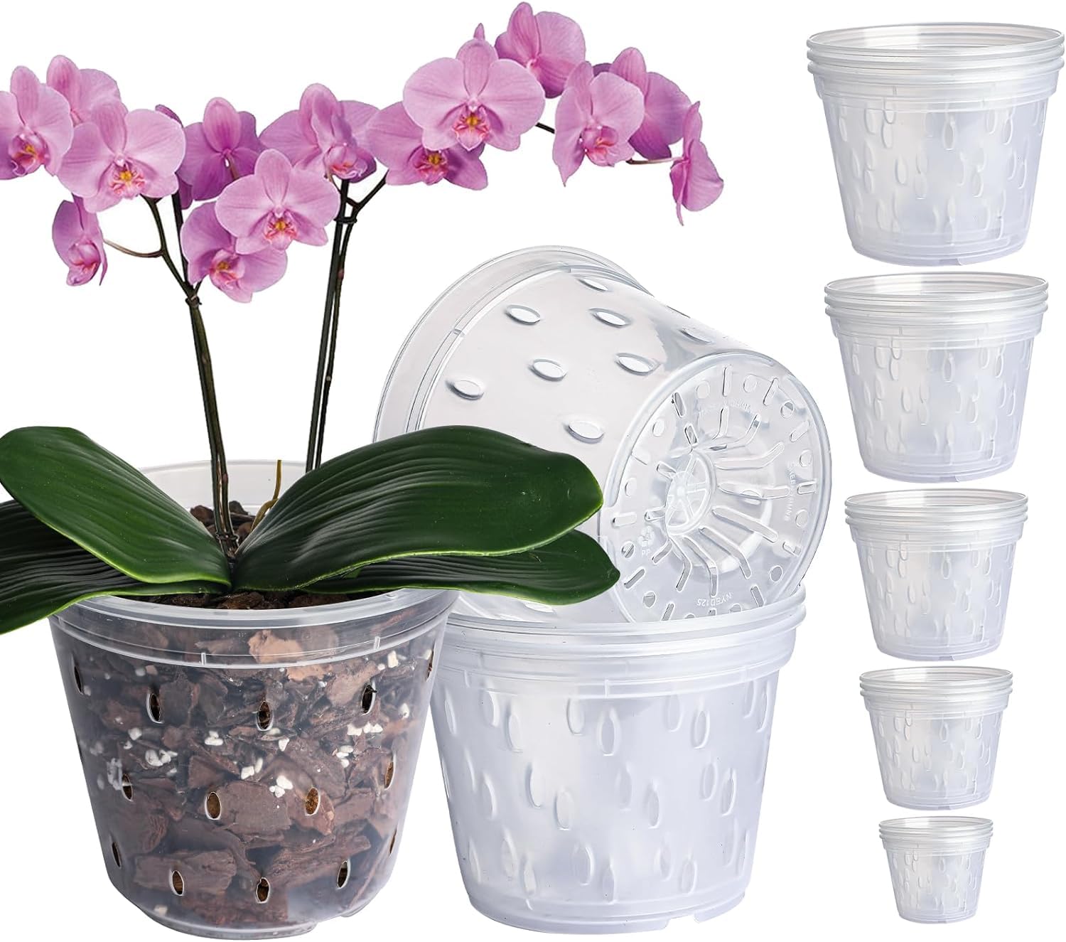 GOTVUGE Orchid Pots Variety 12 Packs (4.3in / 5in x 3, 5.6in / 6in / 6.8in x 2), Clear Orchid Planter Pots with Holes for Repotting, Clear Nursery Pots for Orchid Repotting Kit