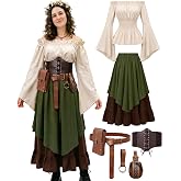 minkasic Renaissance Costume Women Ren Faire Outfit Medieval Skirt Dress with Corset Belt Pouch Coin Purse Skirt Hike 7PC