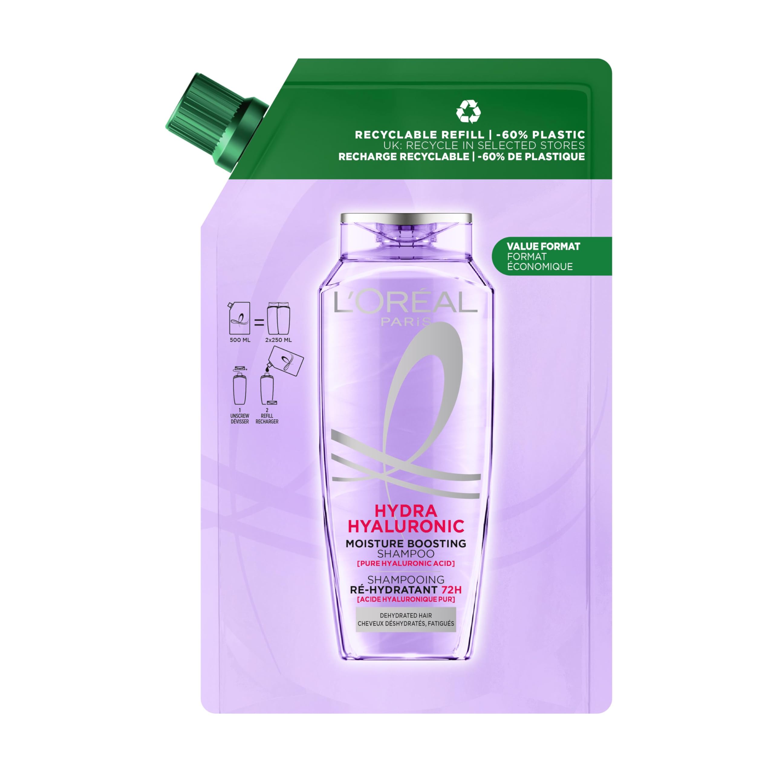 L’Oréal Paris Shampoo For Dry Dehydrated Hair, Elvive Hydra Hyaluronic Moisture Refill Pouch With Hyaluronic Acid, -60% Plastic Waste, 72H Hydration For Bouncy And Shiny Hair, 500ml Pouch Format