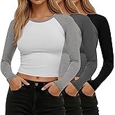 Huukeay 3 Pcs Women Raglan Long Sleeve Crop Tops Color Block Baseball Shirt Y2k Going Out Top