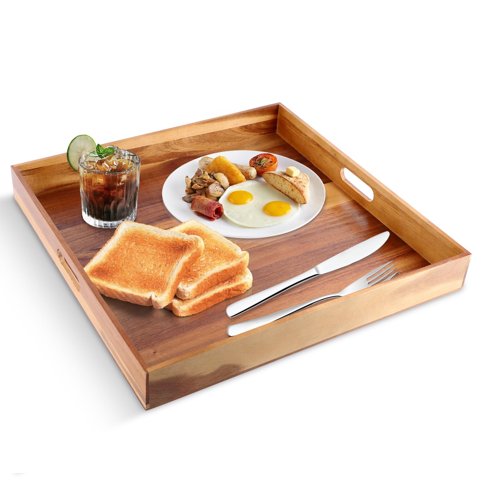 Photo 1 of 20 Inch Wood Serving Tray with Handles, Large Acacia Wooden Tray for Ottoman, Decorative Trays Platter for Breakfast in Bed, Dinner, Coffee Table, Square 0ttoman Tray for Living Room and Kitchen