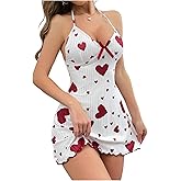 SHENHE Women's Heart Print Bowknot Halter Nightgowns Deep V Neck Backless Chemise Nightdress