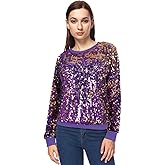 Anna-Kaci Women's Glitter Sequin Sweatshirt Long Sleeve Pullover Tops with Ribbed Cuffs