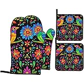 4 Pcs Mexican Flower Oven Mitts and Potholders,Kitchen Oven Glove with Pot Holders,Non-Slip Gloves High Heat Resistant 500 Degree for BBQ, Grill, Baking, Cooking, Oven, Microwave
