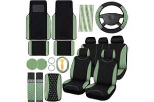 BBTO 43 Pcs Bling Car Accessories Set for Women Front Seats and Rear Bench Polyester Car Seat Protectors Wheel Cover Seat Floor Mats Full Crystal Automotive Interior Decor(Sage Green)