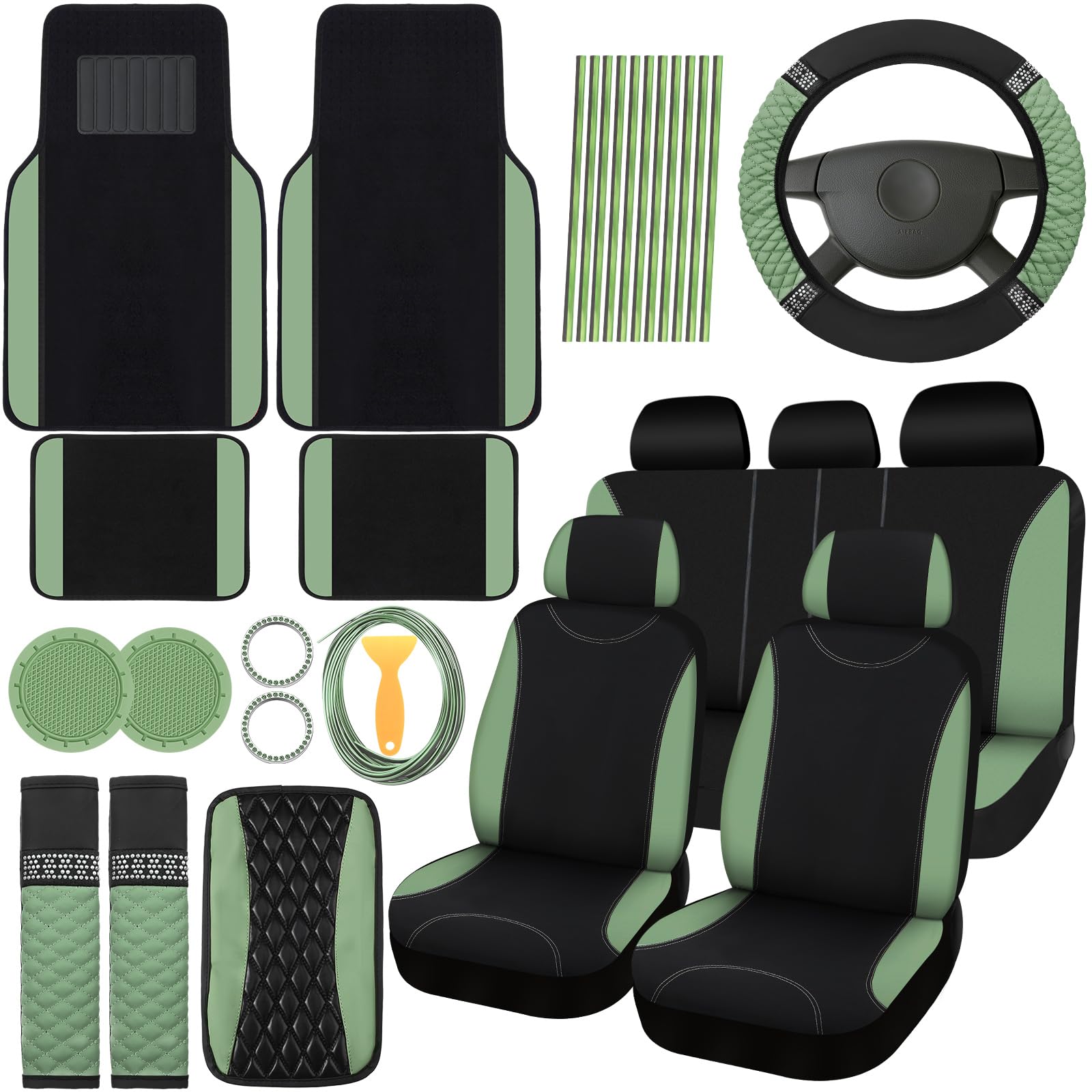Photo 1 of BBTO 43 Pcs Bling Car Accessories Set for Women Front Seats and Rear Bench Polyester Car Seat Protectors Wheel Cover Seat Floor Mats Full Crystal Automotive Interior Decor(Sage Green)