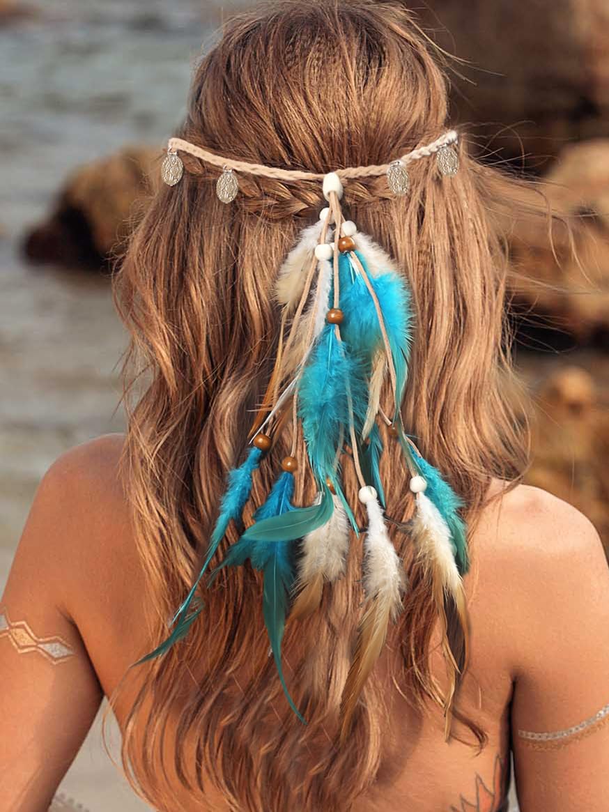 Fashband Indian Feather Headband Boho Coins Tassel Hippie Headdress Tribal Beads Festival Headpiece Hair Accessoriess for Women (B, One Size)