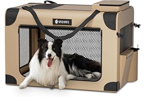 SNUOWU 36 Inch Collapsible Dog Crate, 3-Door Portable Travel Dog Crate for Large Dogs, Foldable Soft Dog Crate Pet Kennel for Indoor & Outdoor Pet Home (36" L x 25" W x 25" H,Khaki)