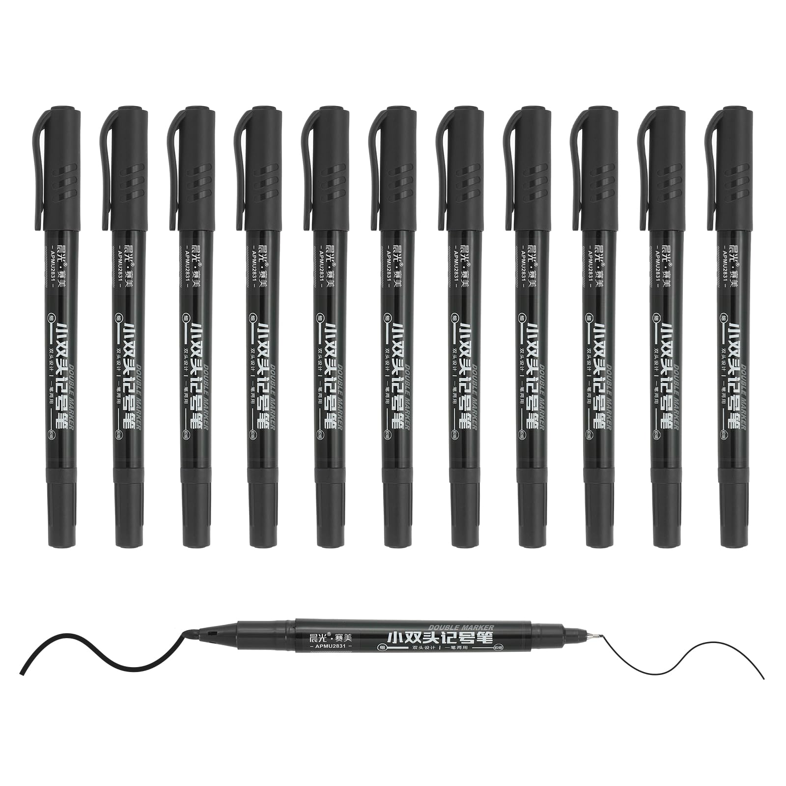 M&G Permanent Twin Markers Dual Ultra Fine Point Tip(1.2mm+0.5mm), 12 Pack Quick Dry Waterproof Fiber Tip Pens for Paper, Glass, Plastic, Wood, Stone, Metal Surface, Black