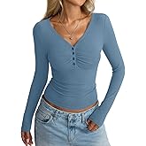 EasyGala Women Cotton Long Sleeve Henley Shirts V Neck Front Ruched Tops Sexy Low Cut Fitted T-Shirt Trendy Fall 2025