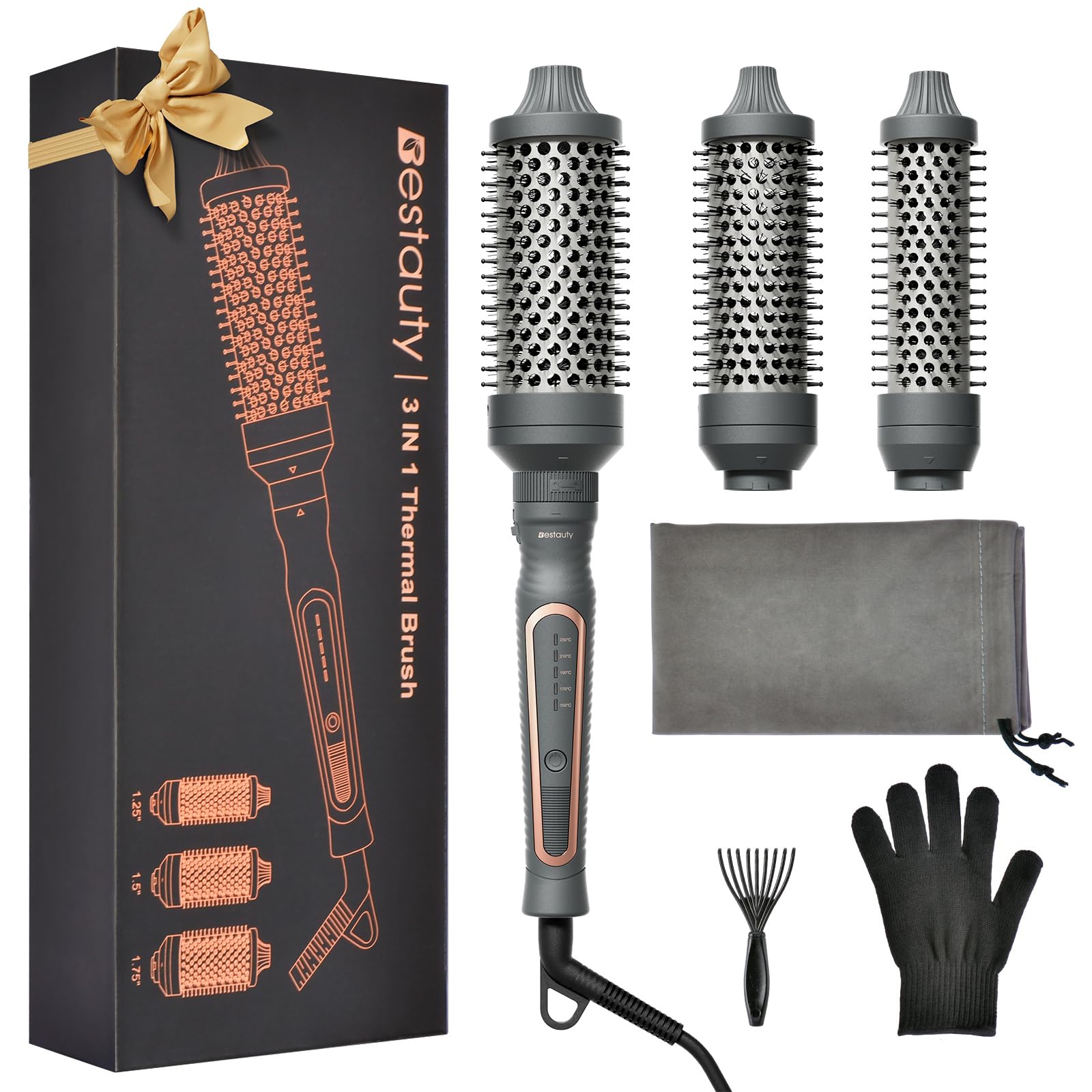Photo 1 of Bestauty 3 in 1 Thermal Brush, 1.25/1.5/1.75" Interchangeable Heating Iron Barrels, 30s Quick Heating Curling Brush, 5 temperatures 290°F-450°F Thermal Round Brush for ALL Type Hair