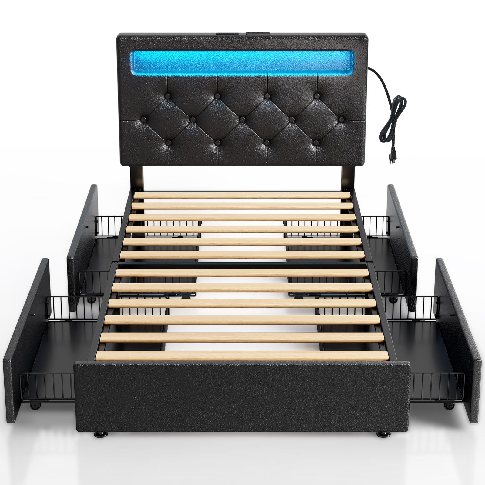 Photo 1 of ****missing parts are unknown*** Twin Bed Frame with 4 Storage Drawers and Charging Station,Twin Bed with Led Lights, 2 USB & 1 Type C, Adjustable Headboard 38.9/40.8 Inches, No Box Spring Needed, Black