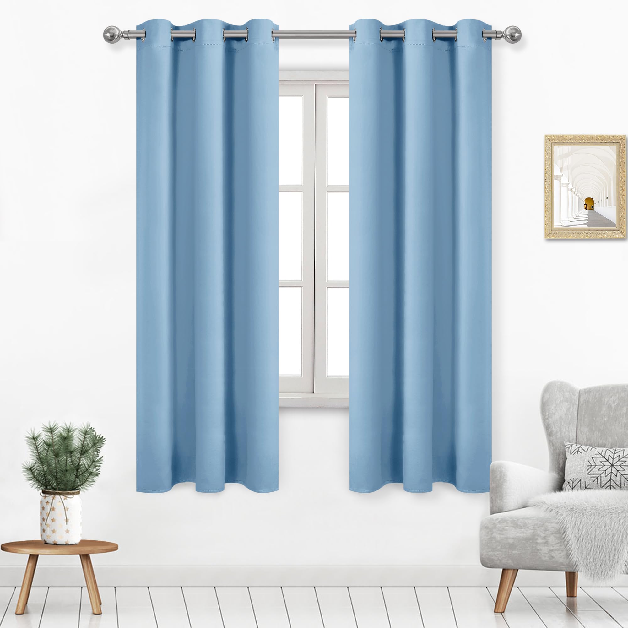 DWCN Light Blue Thick Blackout Curtain Room Darkening Thermal Insulated Privacy Grommet Window Curtain for Bedroom Living Room, 42 x 63inch Long, Set of 2