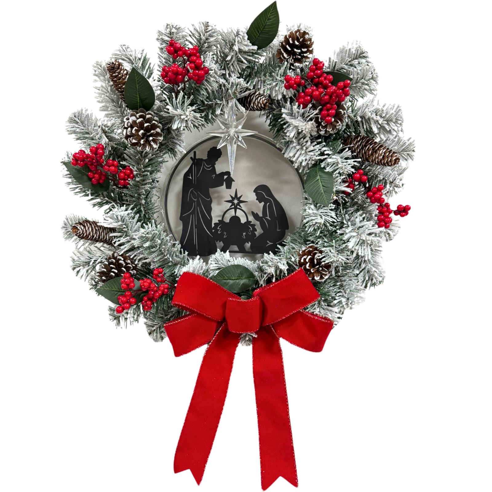 Photo 1 of Svndlyn 22 Inch Pre-Lit Artificial Christmas Wreath with Timer Metal Nativity Scene Silhouette Ornaments Flocked Cedar Branches Pine Needles Berries Bow For Christmas Religious Decor Front Door Mantel