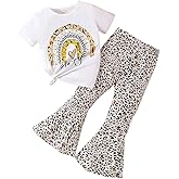 Ayzozuy Kids Toddler Girl Clothes Letter Print Graphic Top + Leopard Print Flare Leg Pants 2PC Summer Clothing Set