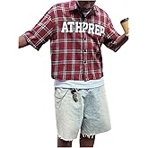 GORGLITTER Men's Gingham Cropped Shirt Button Up Checkered Jersey Y2K Graphic Boxy Cool Streetwear Crop Tops
