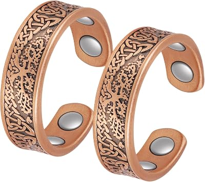 Jeracol Tree of Life Copper Magnetic Rings 2 Pack with 4 Magnets Each
