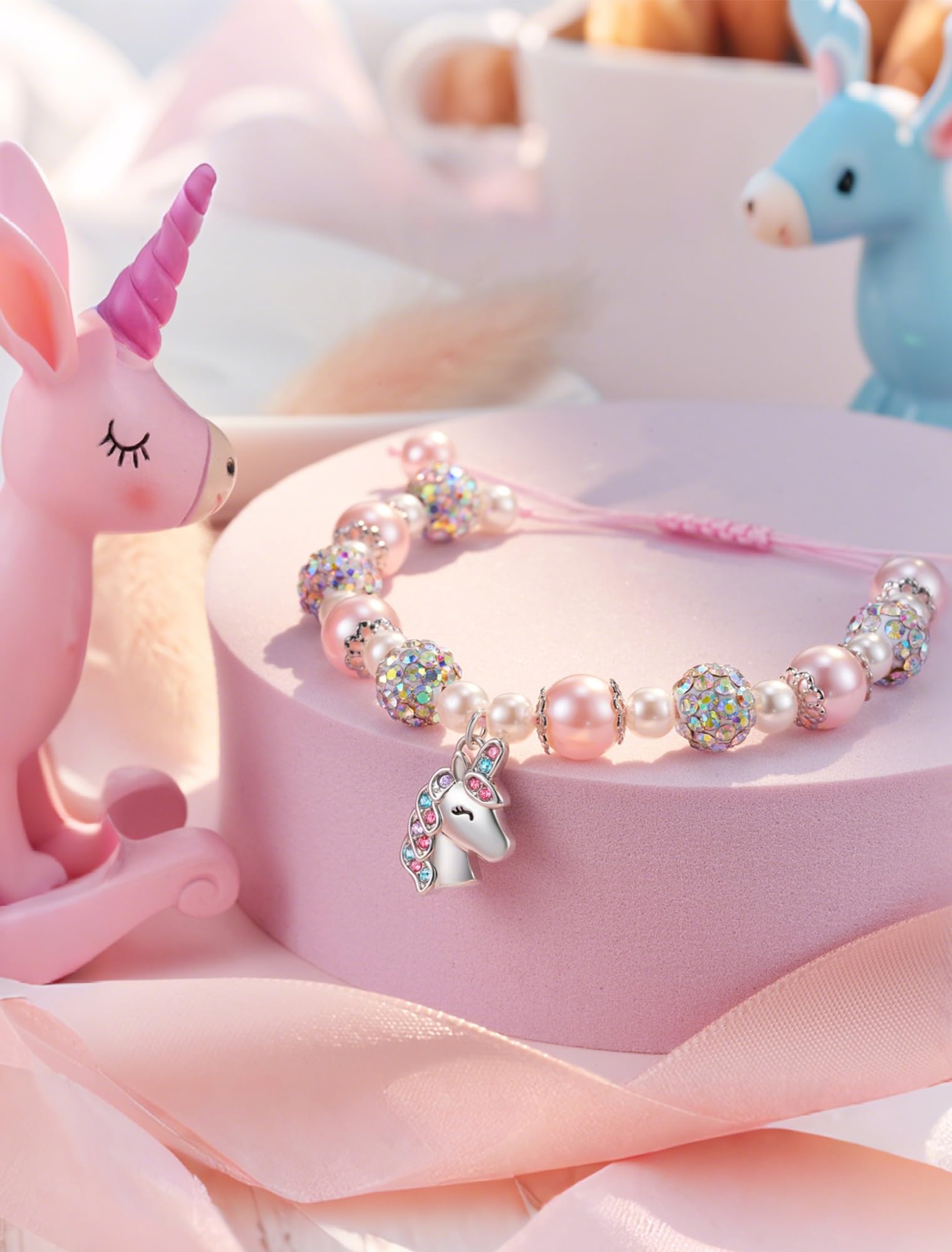 HGDEER Unicorn Birthday Gifts for Girls, Adjustable Pink Pearl Unicorn Charm Bracelet for Girls Daughter Granddaughter Niece