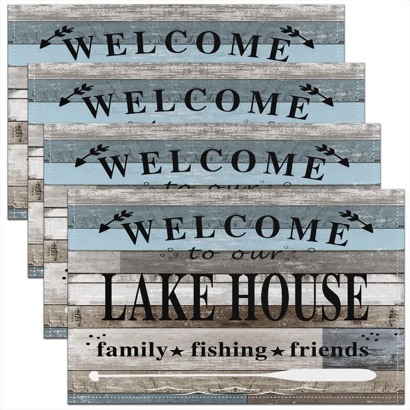 Lake House Relax Placemats Set of 4, Rustic Wooden Table Place Mats,Happy Camping Fishing Placemat for Kitchen Dining Table Decor Indoor Outdoor Paddle 18"x12"