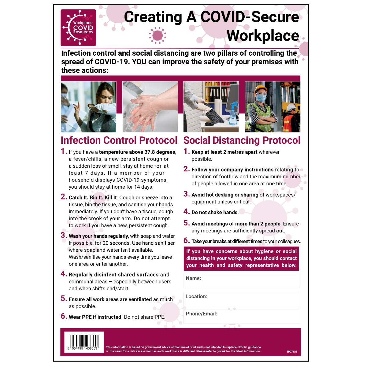 V Safety SP071A3-PW Covid-Secure Workplace Poster - An Overview - 297mm x 420mm - Standard Polypropylene