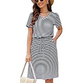 HUSKARY Women Summer Casual Midi Dresses Short Sleeve V Neck Drawstring Knee Length T Shirt Dress with Split and Pocket