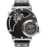 Men's Unique Analog Watch, Waterproof Fashion Dress Quartz Wrist Watch | with Dual Dial Cool Design Leather Band Dual Time Watches