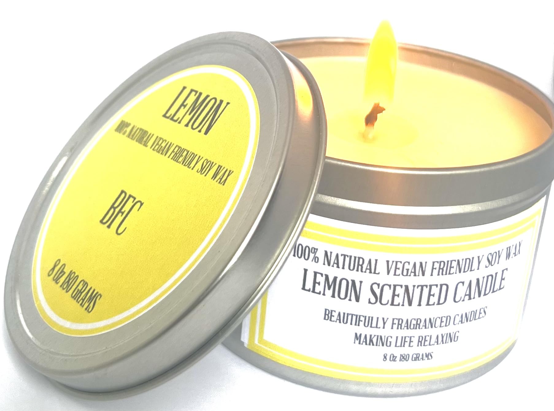 Lemon Scented Soy Wax Candle - Handmade by BFC - Lemon Scented 36 Hours Burn Time 8 Oz 180 Grams Soy Wax Candle Silver Brush Finish Tin. Lemon Scented