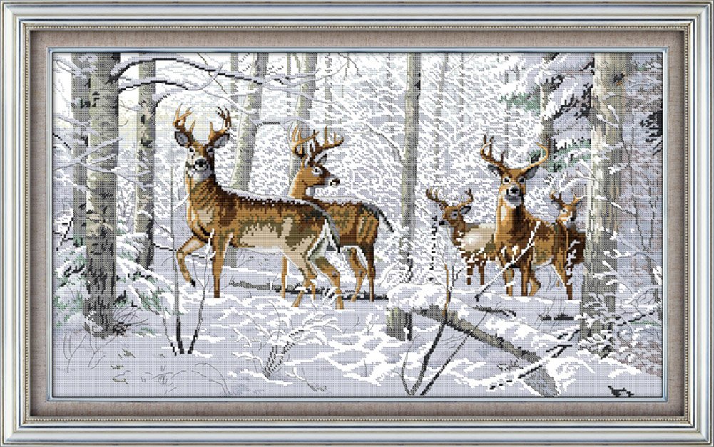 Benway Counted Cross Stitch Kit, Neelde Work, Needle Craft, Antelopes In Snow Forest 14 count 69cm X 43cm