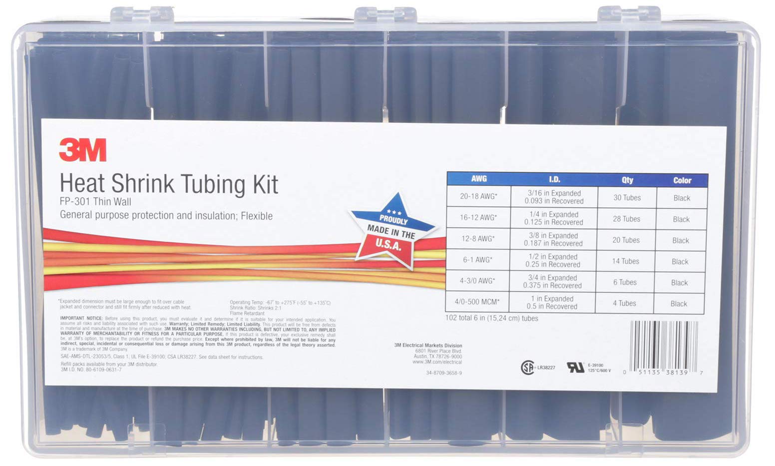 Photo 1 of 3M Heat Shrink Tubing FP-301-Black, Assorted Black Kit, 1 Kit with 102 Tubes