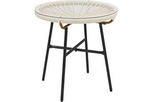 Outsunny Rattan Side Table, Outdoor Round Coffee Table, with Round PE Rattan and Tempered Glass Tabletop for Patio, Garden, B