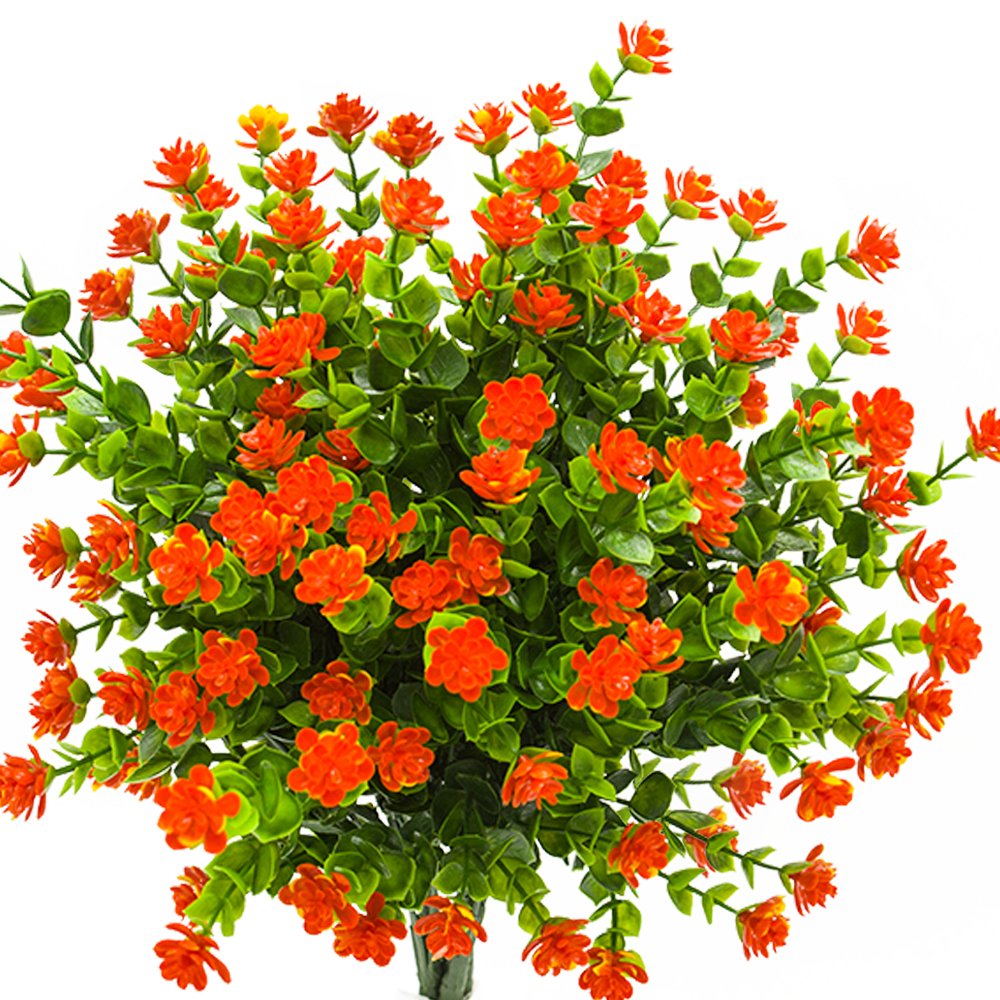 Photo 1 of Grunyia Artificial Flowers, Fake Outdoor UV Resistant Plants Faux Plastic Greenery Shrubs Indoor Outside Hanging Planter Home Kitchen Office Wedding, Garden Decor (Orange Red)