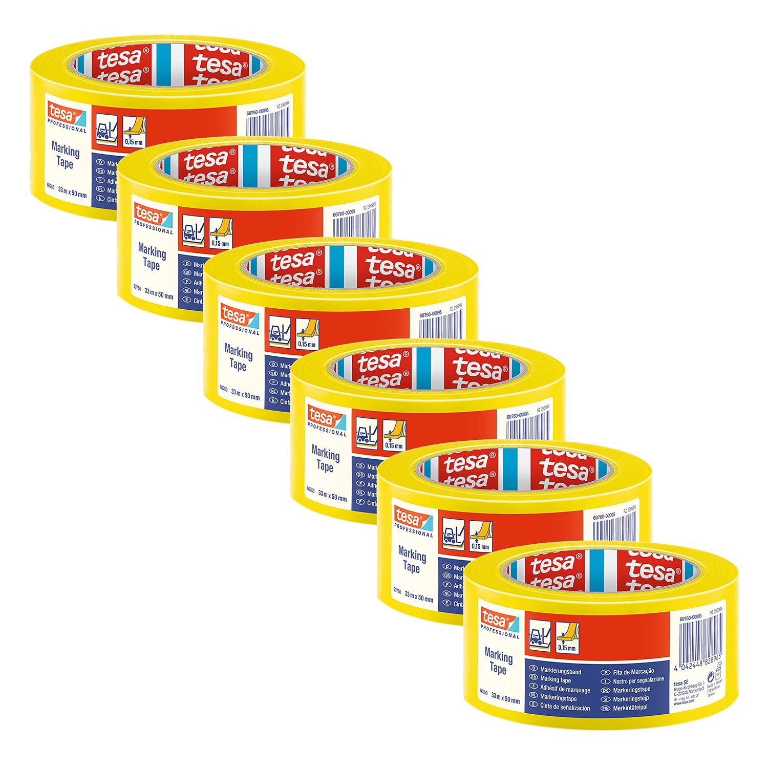 tesa PVC Floor and Lane Sports Hall Marking Tape, 33 m x 50 mm - Yellow - 6 Rolls